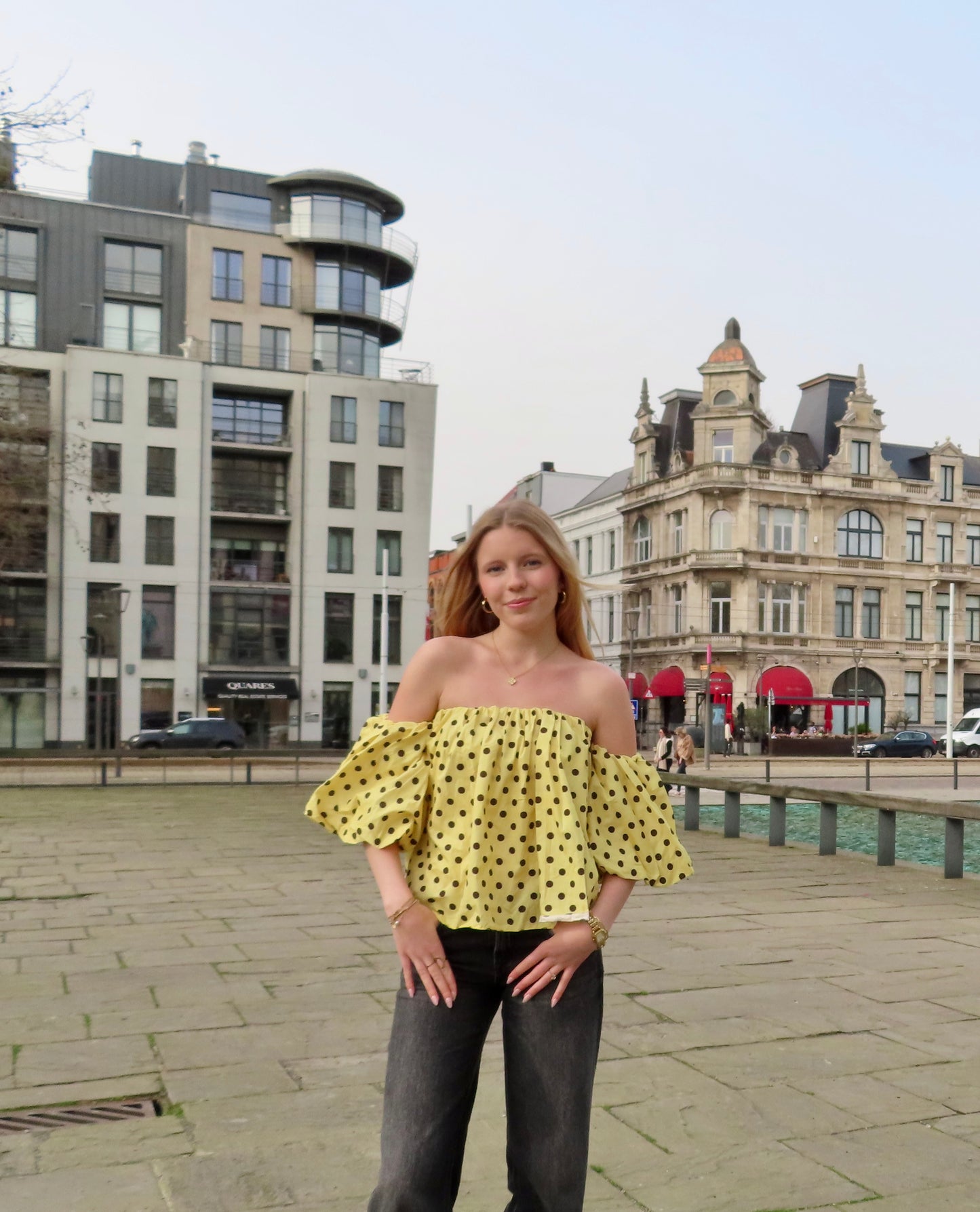 Shoulder off polka dots