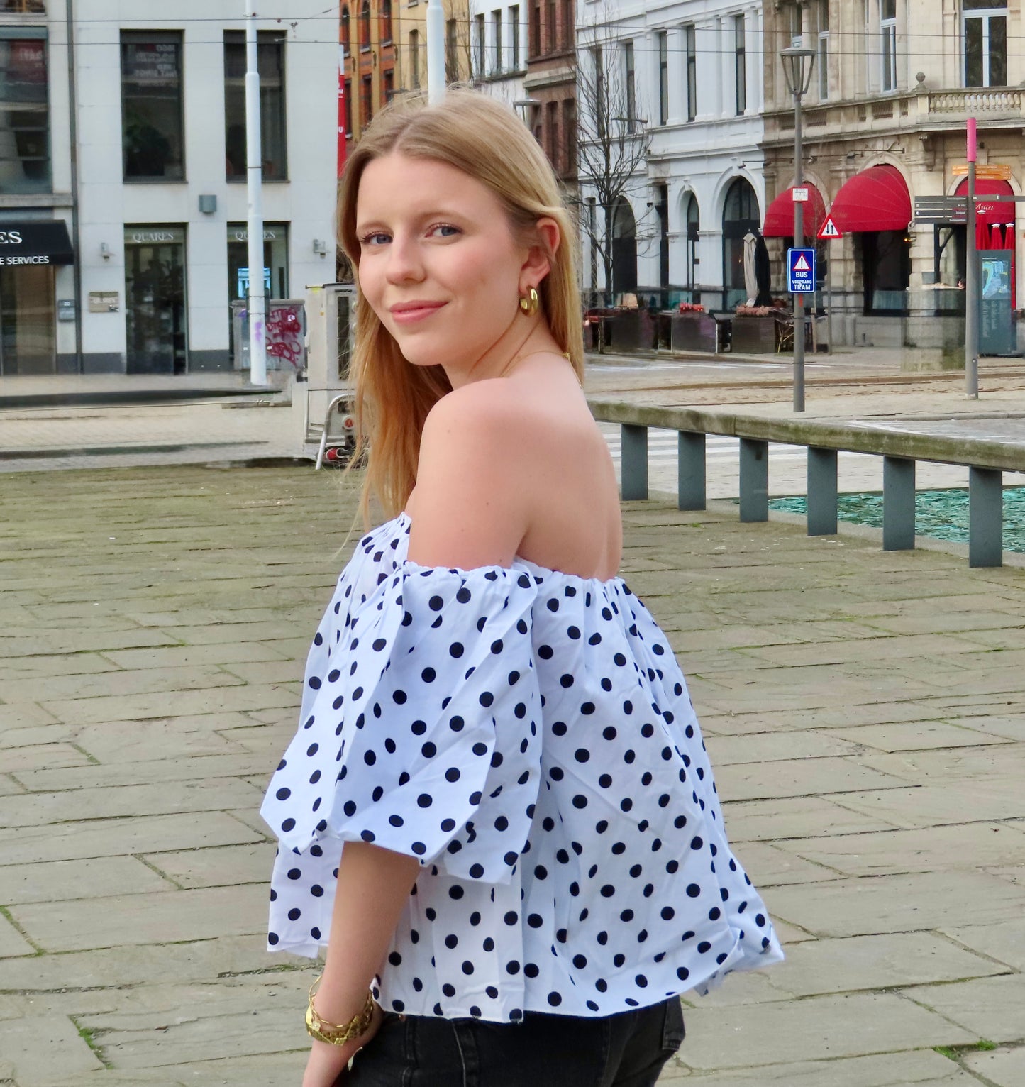 Shoulder off polka dots